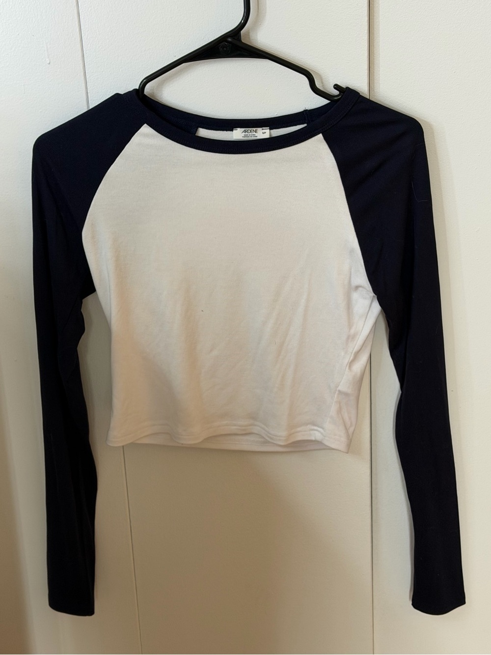 Ardene White and Navy Raglan Cropped Long Sleeve Top